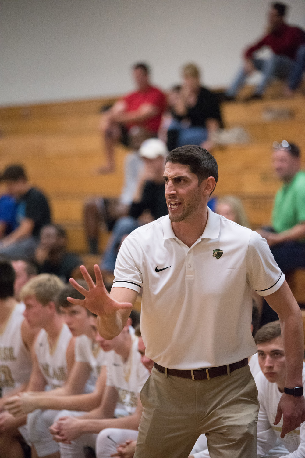 Nease coach Joshua Bailen yells to his team during the win against Middleburg. The Panthers (2-3, 1-1) trailed Middleburg 24-17 at the half, but held the Broncos to just four points in the third quarter. Nease fell to Englewood 56-37 in a district game on Dec. 7, and won/loss XX-XX to White on Dec. 12. The Panthers next play at rival Ponte Vedra at 7:30 p.m. on Friday, Dec. 15.