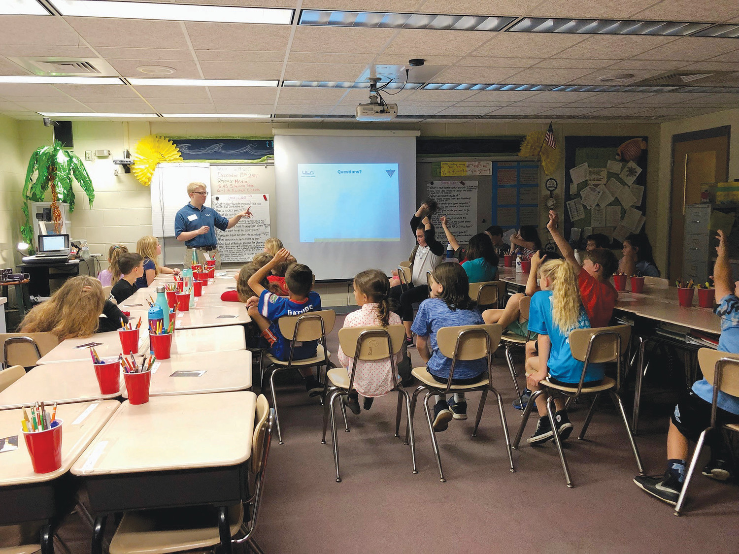 Fourth-grade students at Ocean Palms Elementary School (OPES) recently had the opportunity to learn about rockets, satellites and space when they were visited by guest speaker Tyler Strickland, a flight design and mission engineer for United Launch Alliance (ULA). Using virtual reality viewers, the students watched a recent rocket launch and were inspired to learn more about space and improve their problem-solving skills through teamwork.
