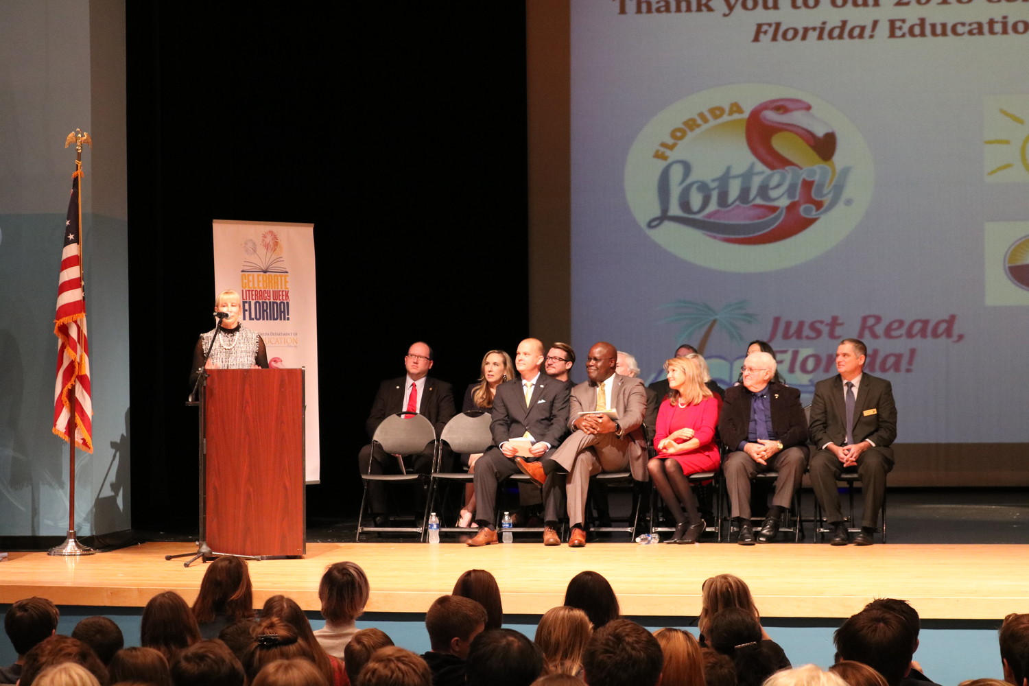First Lady Ann Scott delivers a speech at the Celebrate Literacy Week kickoff event.