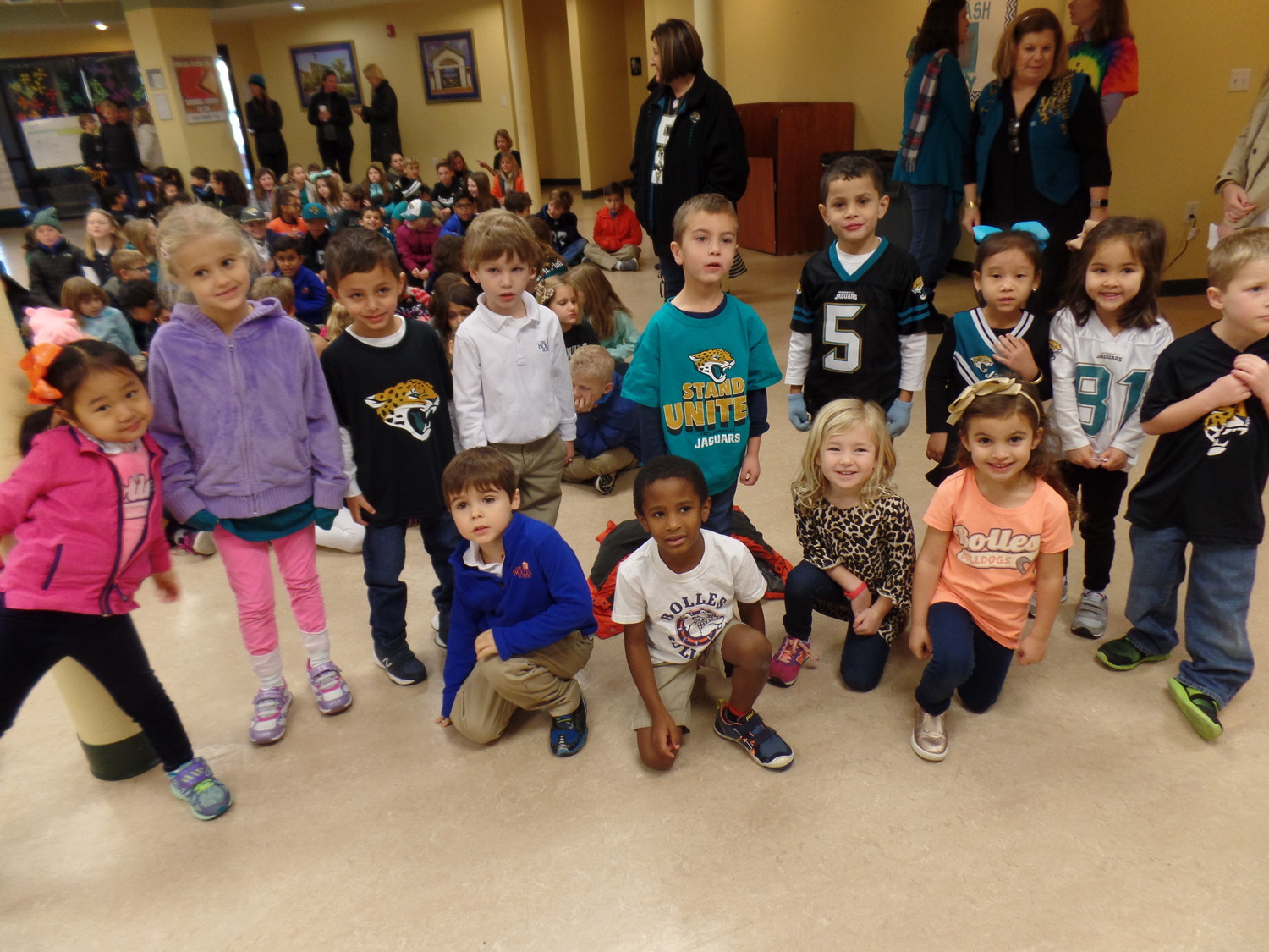The Bolles Lower School Ponte Vedra Beach Campus wore more teal and black than orange and blue Friday, Jan. 19, during the school’s Jaguars Spirit Day leading up to the team’s AFC Championship matchup with the New England Patriots. At the direction of Ponte Vedra Beach Campus Head Peggy Campbell-Rush, students and faculty convened in Ponte Vedra Hall after their flag ceremony for a group chant of “We are Jaguars,” and “Duval.”