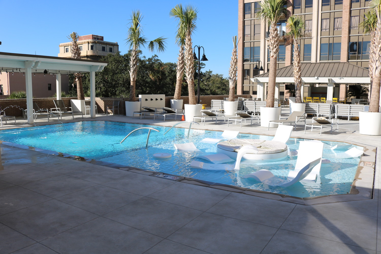 The DeSoto features a rooftop pool with fire pits, fountains and a cabana bar.