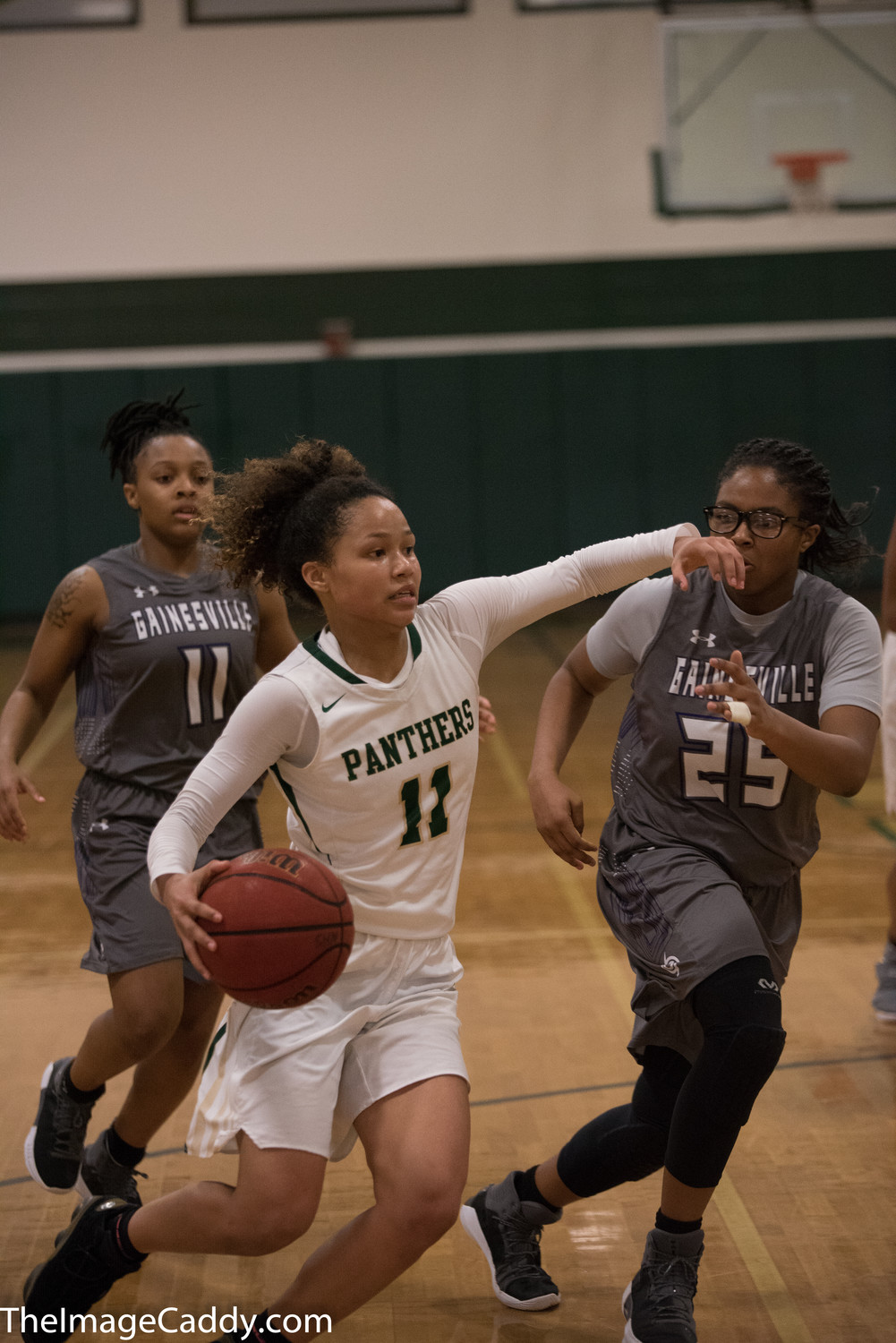 Nease’s Kiya Turner drives past Gainesville defenders during the Region 1-7A semifinals. Turner had 15 points in the game.