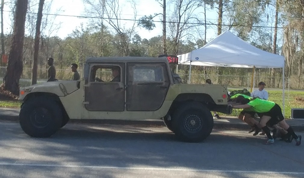 Nease NJROTC competes in the Humvee push at the 2018 Middleburg High School Pentathlon Championship Feb. 24.