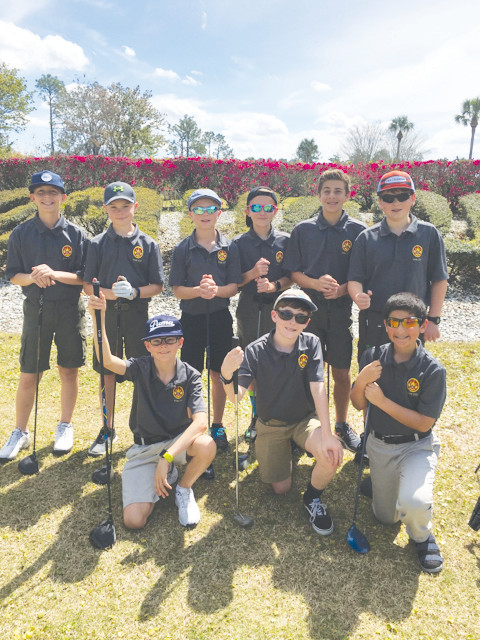 Nine members of Ponte Vedra's Boy Scout Troop 277, chartered by Christ Episcopal Church, recently finished their Golf Merit Badges while spending the afternoon playing 18 holes of golf at the Palm Valley Golf Course. They are Spencer Lewis (front row, from left), Caleb Allen, Jack Blasbalg, Landon Rogers-Neubarth (back row, from left), David Darracott, Tre Peterson, Mason Owens, Adam Enlow and Ben Black.