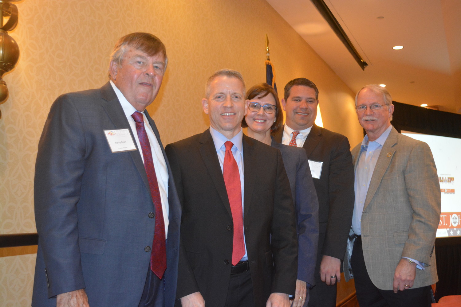 County Commissioner Henry Dean, state Rep. Paul Renner, state Rep. Cyndi Stevenson, state Sen. Travis Hutson and Congressman John Rutherford gather after addressing Chamber of Commerce members March 23 at the Renaissance in World Golf Village.