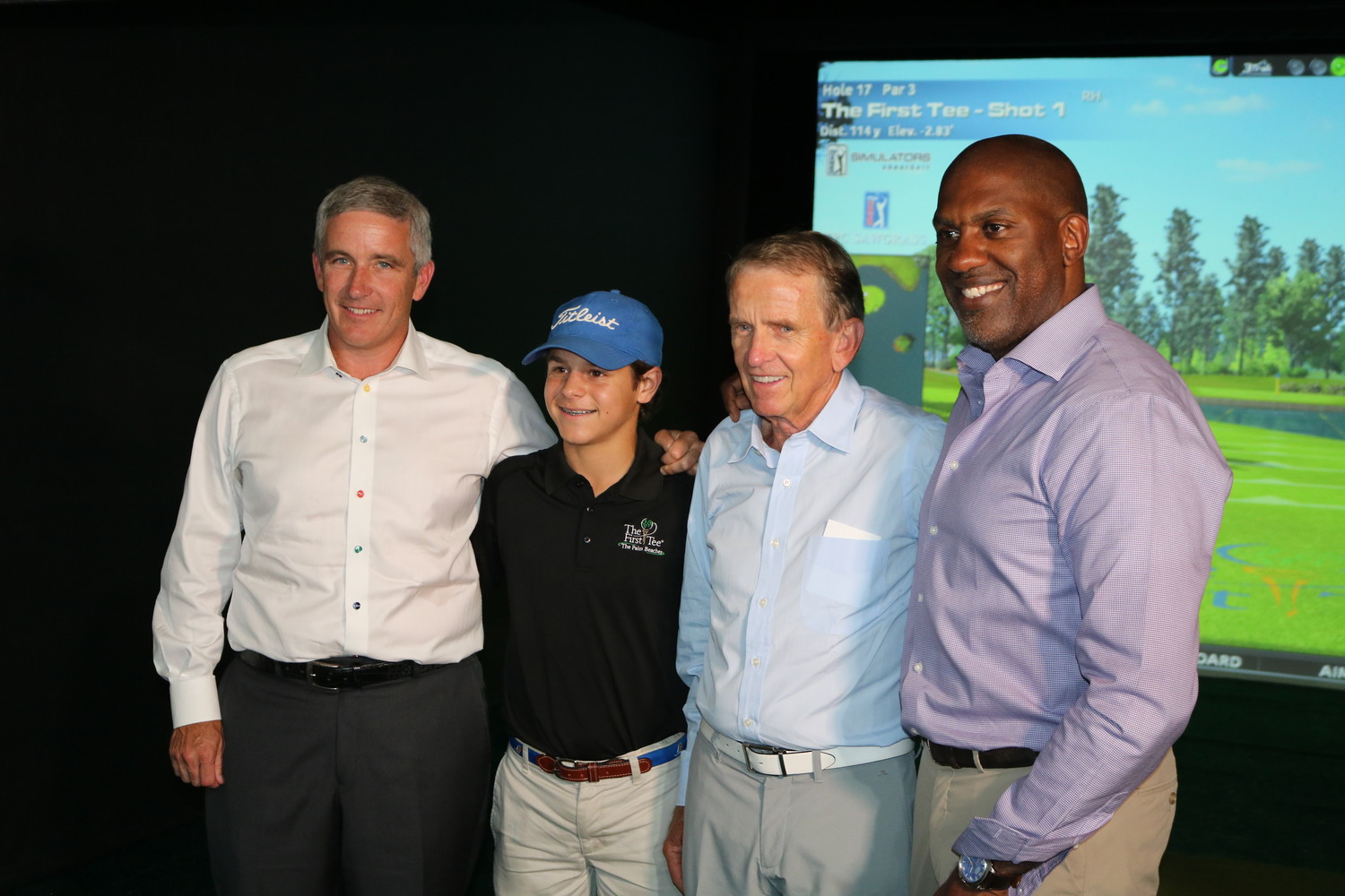 PGA Tour Commissioner Jay Monahan, Billy Reid of The First Tee of the Palm Beaches, former PGA Tour Commissioner Tim Finchem and The First Tee CEO Keith Dawkins gather at the unveiling of The First Tee Experience at THE PLAYERS Championship on Monday, May 7.