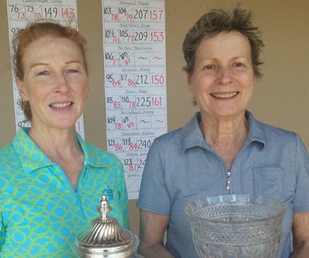 The Plantation at Ponte Vedra Beach Ladies Golf Association Low Gross Champion Tama Caldabaugh (left) stands with the PLGA President's Cup Low Net winner Beatriz Coles on Thursday, May 3.