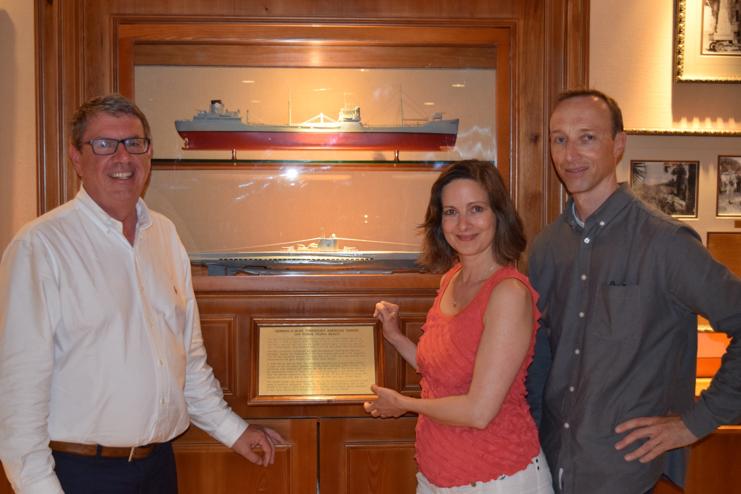 Local historian Scott Grant recently hosted some special guests at a presentation he delivered on the 1942 Nazi U-boat sinking of the SS Gulf America oil tanker off the coast of Jacksonville Beach. Displayed with Grant (left) is Katrin Nielsen of Holland (center), the granddaughter of the chief engineer of the U-boat, and Henrik Henriksen, a European expert on the Nazi U-boat campaign. Together, Nielsen and Henriksen have discovered artifacts that detailed her grandfather’s experiences during the war. While in town, Grant showed them the local landmarks the Nazis used to navigate the waters.