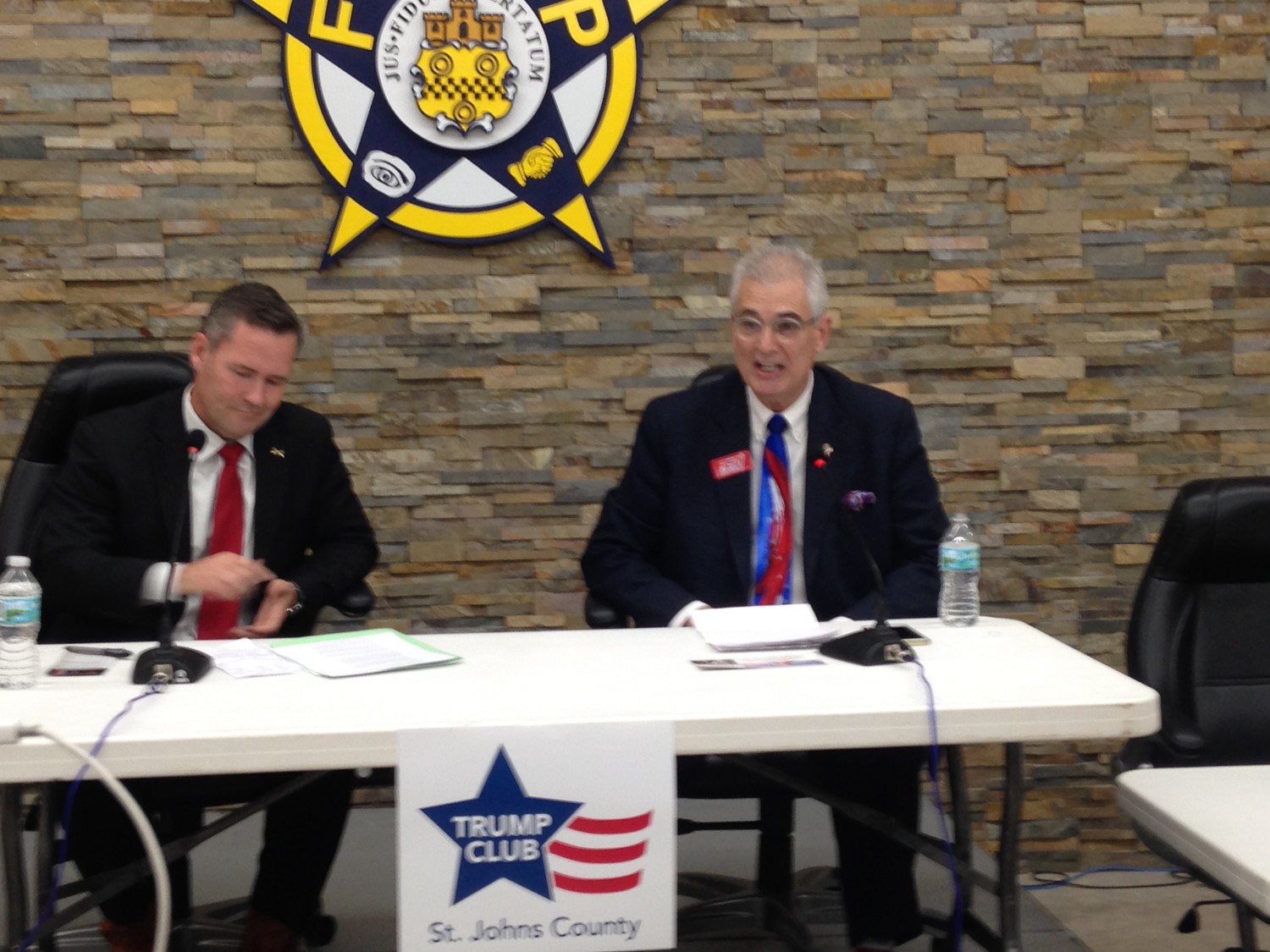 Congressional District 6 candidates Michael Waltz and Fred Costello tout their credentials at the June 4 Trump Club of St. Johns County meeting held at the St. Johns County FOP Hall.