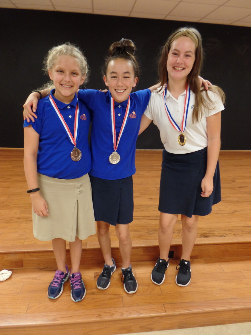 Fifth-graders Kylie Morton (from left), Isabella Lee and Taylor Grace Clark were the winners of the Bolles Lower School Ponte Vedra Beach Campus speech competition.