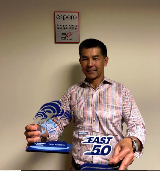 Ponte Vedra Beach resident and Espero Biopharma Chairman, CEO and Founder Quang Pham displays his company’s awards from 2017 and 2018 for being named the region’s fastest growing company by the Jacksonville Business Journal.