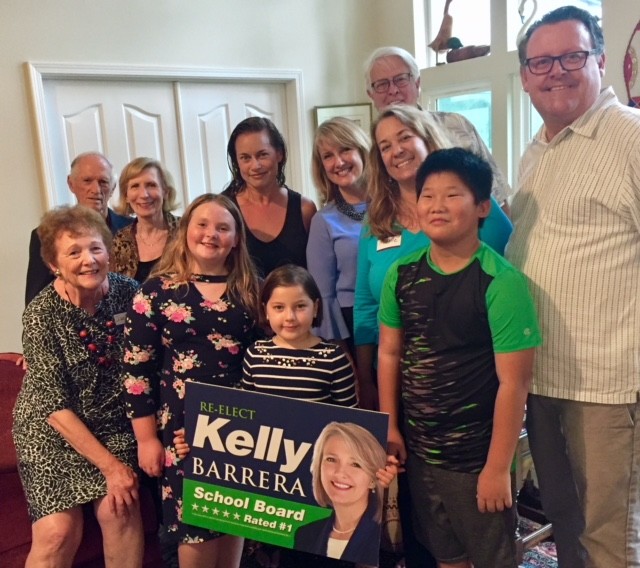 St. Johns County School Board District 4 Rep. Kelly Barrera attends a neighborhood meet and greet alongside Jackie Smith, Hank and Linda Lesane, Desire and Esme Boyer, Enoch Huang, Michelle, David and Greysen Smith and Joe Bryant. Barrera is one of three candidates in the School Board District 4 race.