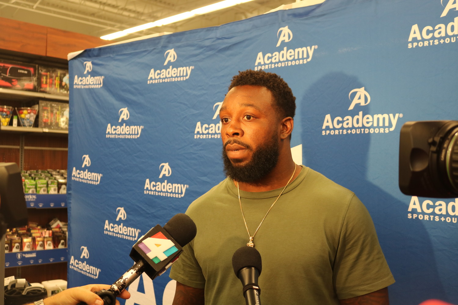 Jaguars linebacker Lerentee McCray speaks to the media at a press conference at Academy Sports and Outdoor in Jacksonville.