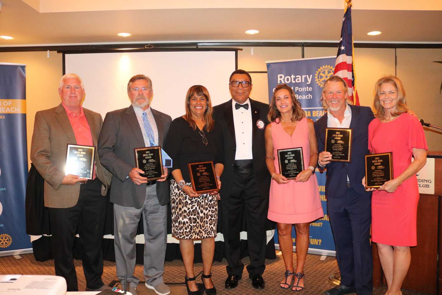 Rotary Club of Ponte Vedra Beach president Sam Hall (center) poses with the six recipients of the Local Heroes awards at event Thursday, May 27. The Rotary Club of Ponte Vedra Beach and the Ponte Vedra Recorder recognized a special group of area residents for their contributions to the community.