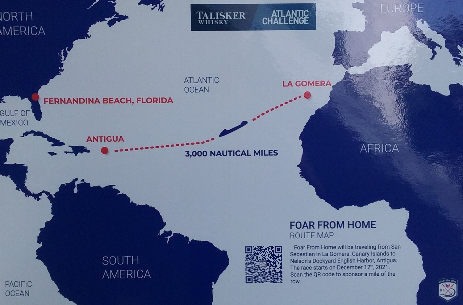 This map shows the route for the Talisker Whisky Atlantic Challenge. Rowers will leave the Canary Islands and row 3,000 miles to Antigua.