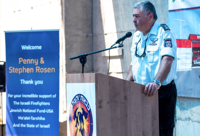 The Ma'alot Tarshiha Deputy Fire Commissioner Shimon Ben Ner speaks at the fire station dedication in 2019.
