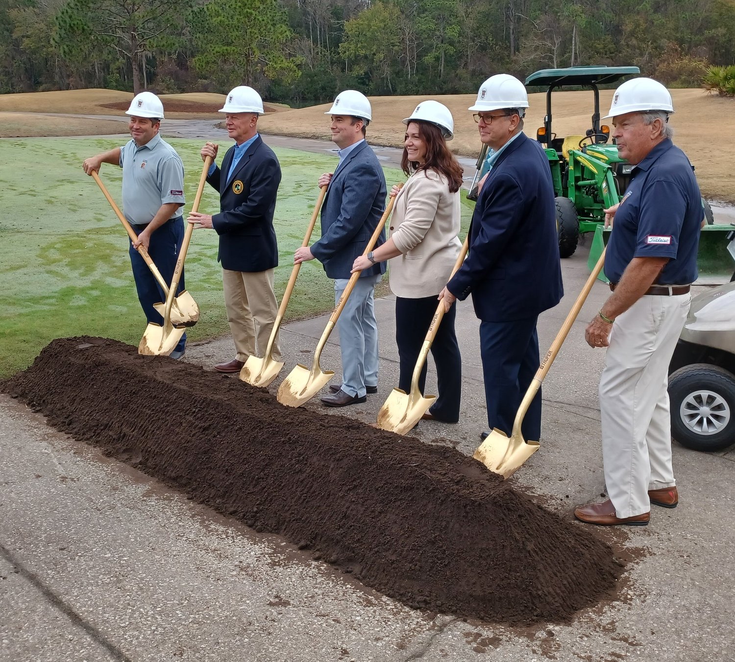 Ceremonially breaking ground for the $8 million project to renovate the St. Johns Golf Club are, from left, course Superintendent Anthony Baur, designer Erik Larson, County Commissioner Christian Whitehurst, Assistant Personnel Services Director Sarah Taylor, Director of Golf Wes Tucker and County Commissioner Henry Dean.