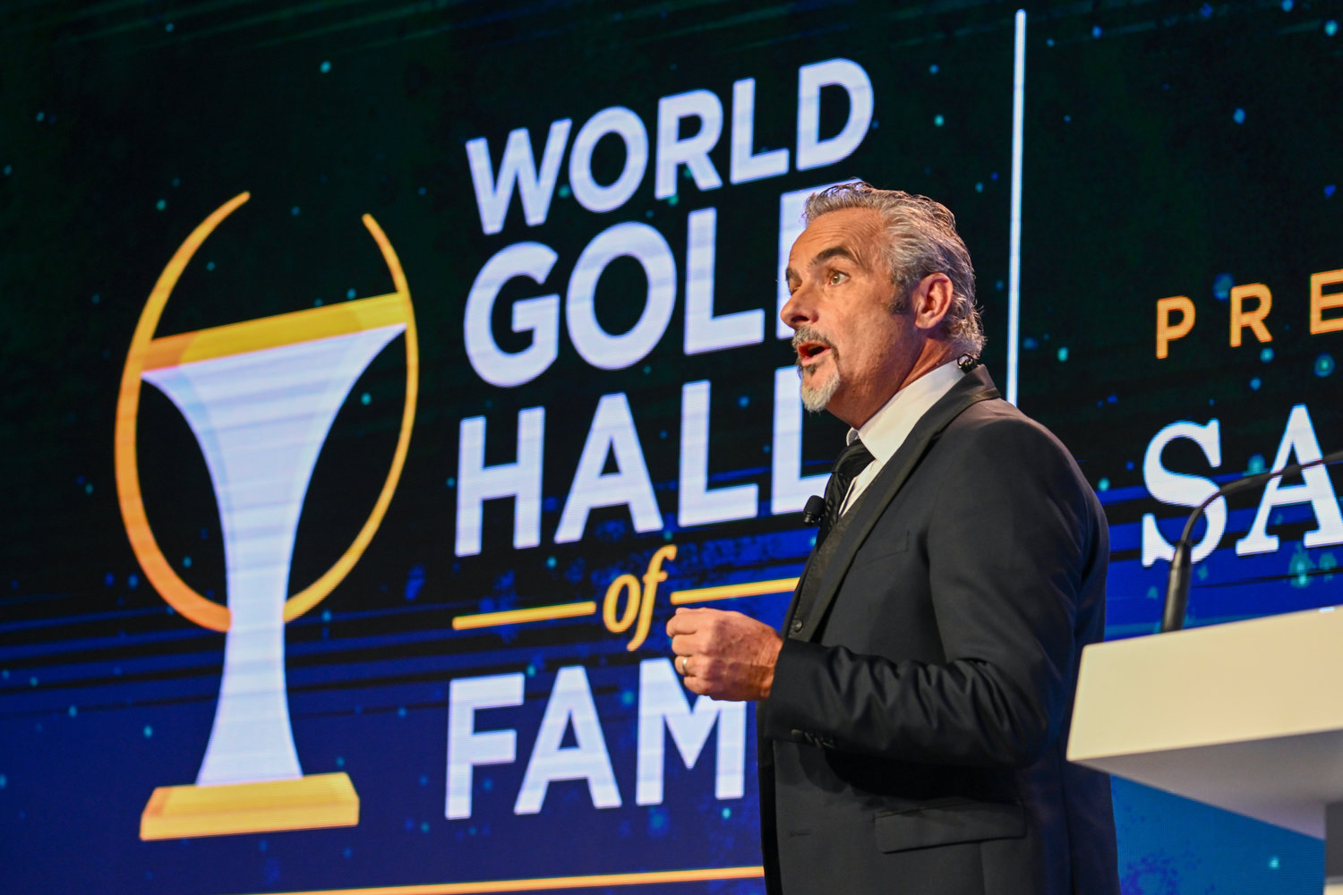 David Feherty serves as host for the evening during the World Golf Hall of Fame Induction Ceremony. Feherty is a former pro golfer and announcer.