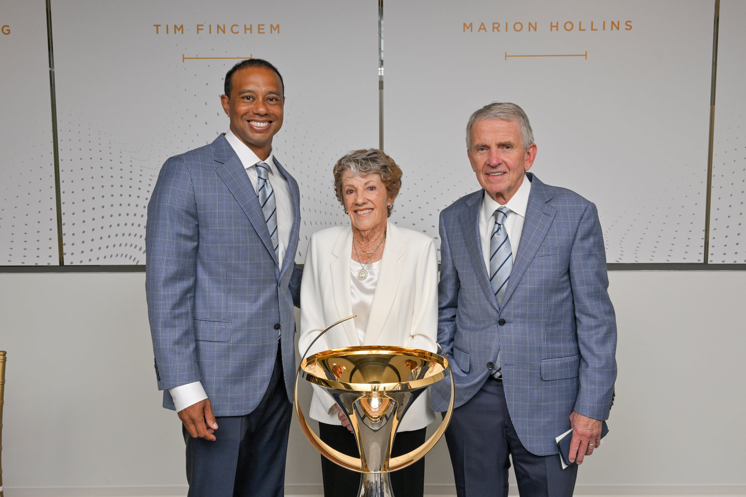 World Golf Hall of Fame 2022 inductees, from left, Tiger Woods, Susie Maxwell Berning and Tim Finchem.