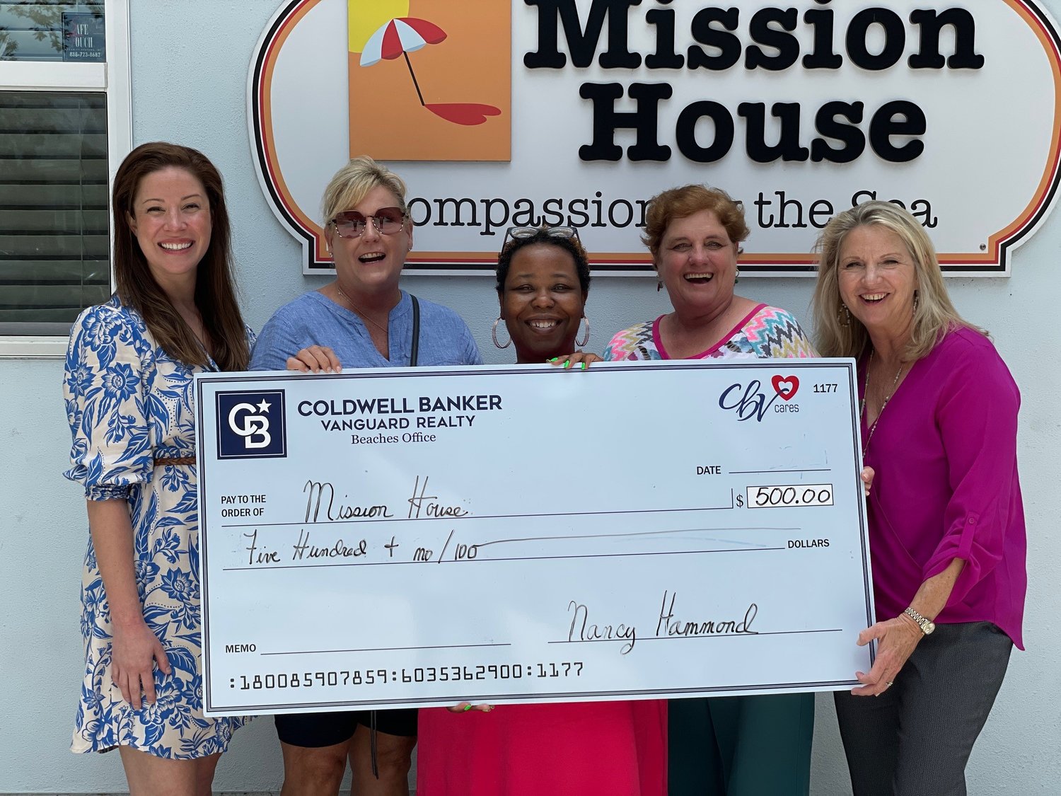 Pictured from left: CBV Cares Administrator Kate Richardson and Realtor associate Peyton Stockton, Mission House Program Director Natalie Collier, CBV Cares Realtors Nancy Hammond and Carole Bayer.