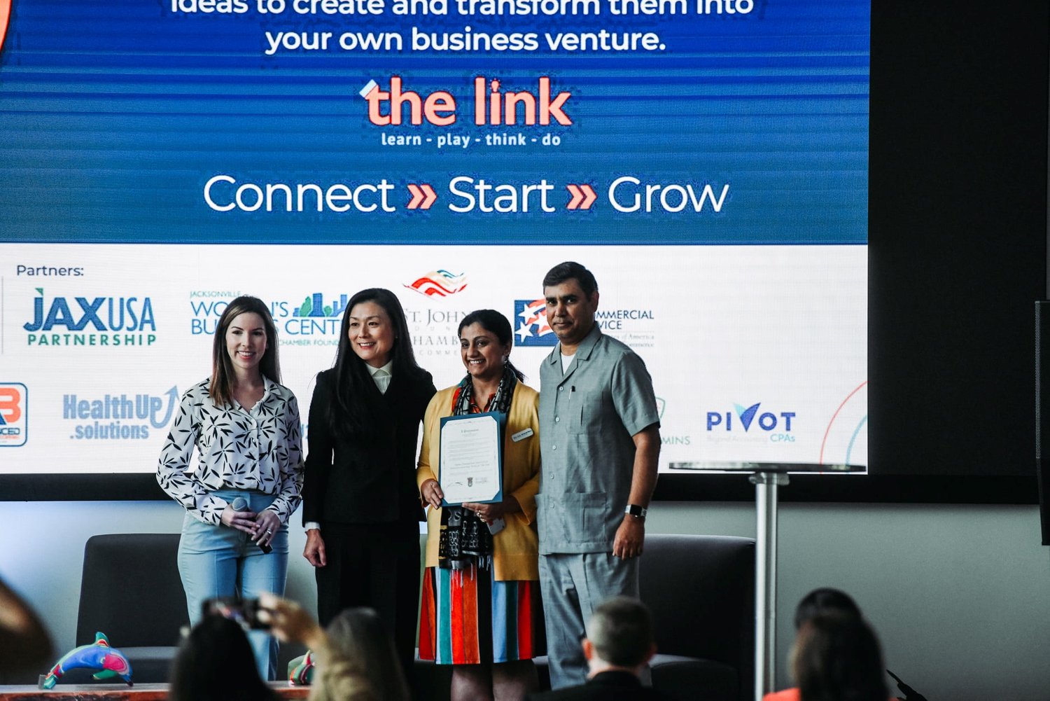 EnterCircle 2021 demonstrated that the entrepreneurship summit was something area residents would support. Pictured from left are Lorena Inclan, director of the St. Johns County Office of Public Affairs; Joy Andrews, deputy county administrator; and Gurpreet and Raghu Misra, link cofounders.