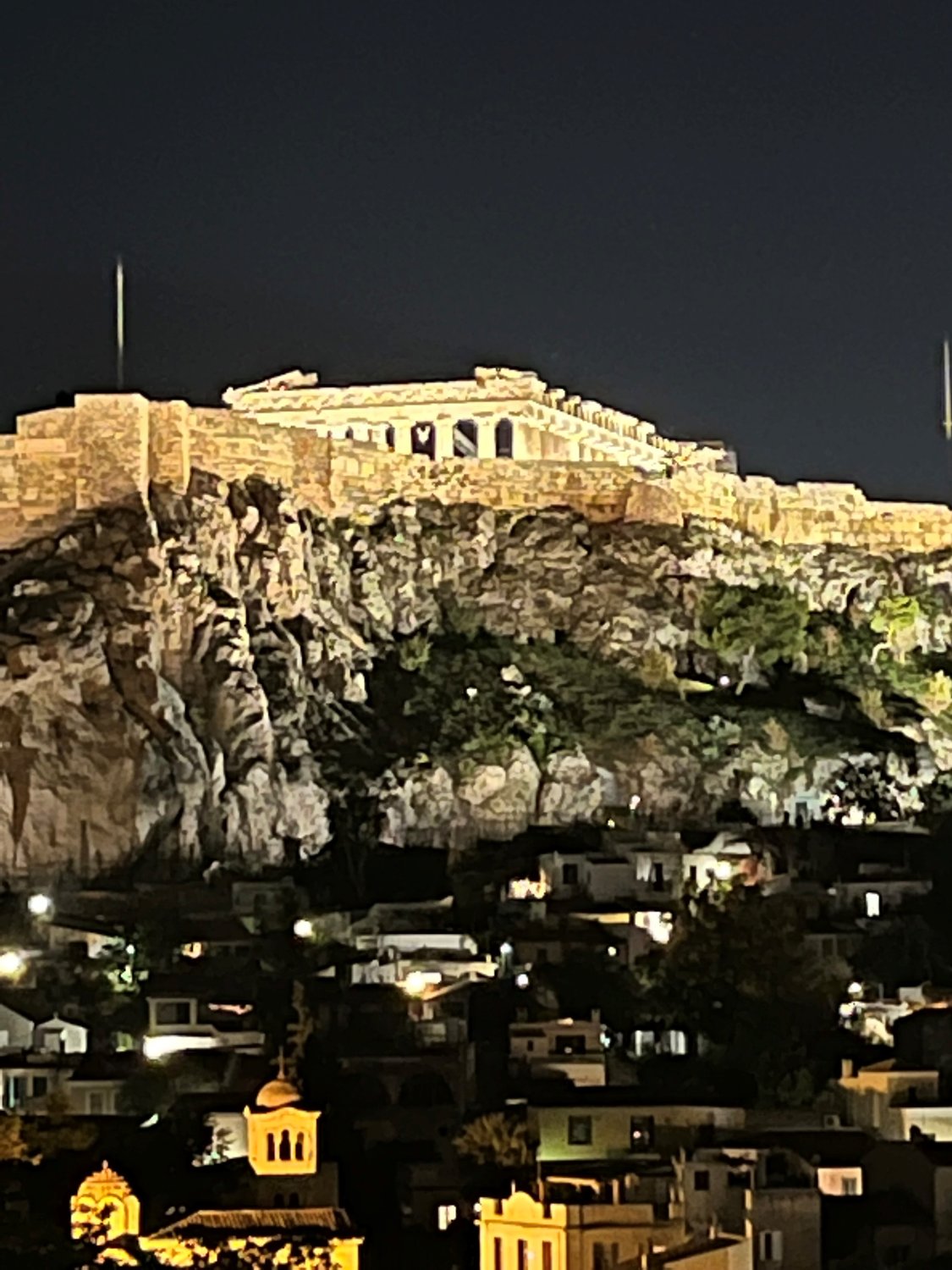 A nighttime view of the Acropolis.