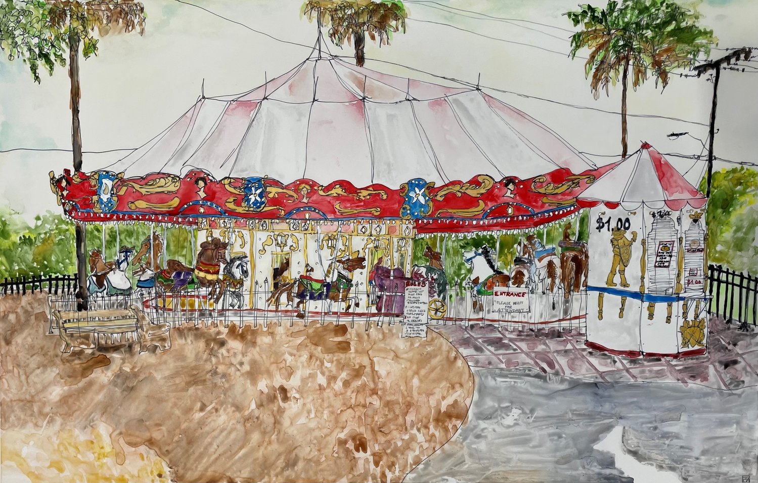 “St. Augustine Carousel,” 2-by-3 feet, watercolor and ink on YUPO paper, 2022 by Teresa Cook