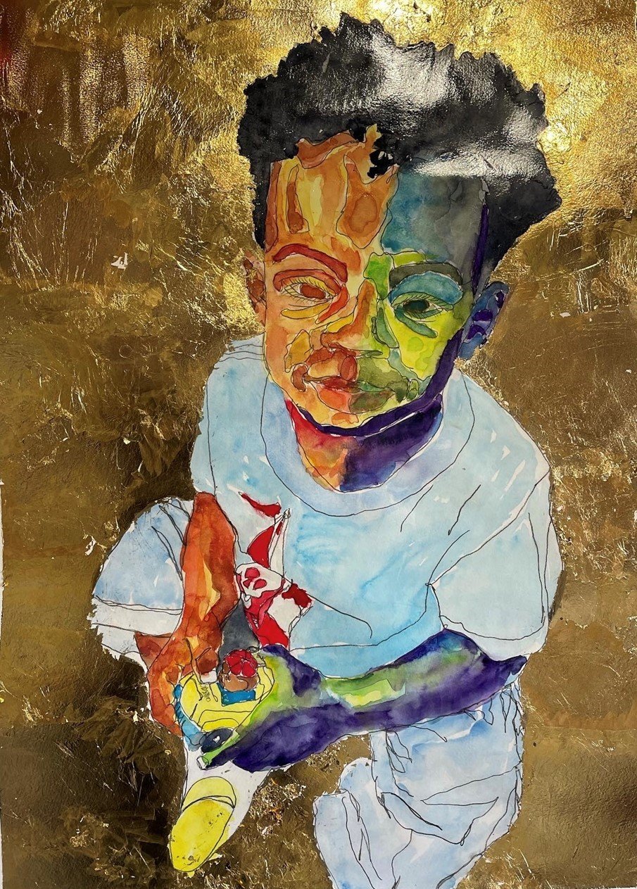 “My Eli,” 22-by-30 inches, watercolor, pencil and gold leaf, 2022 by Teresa Cook